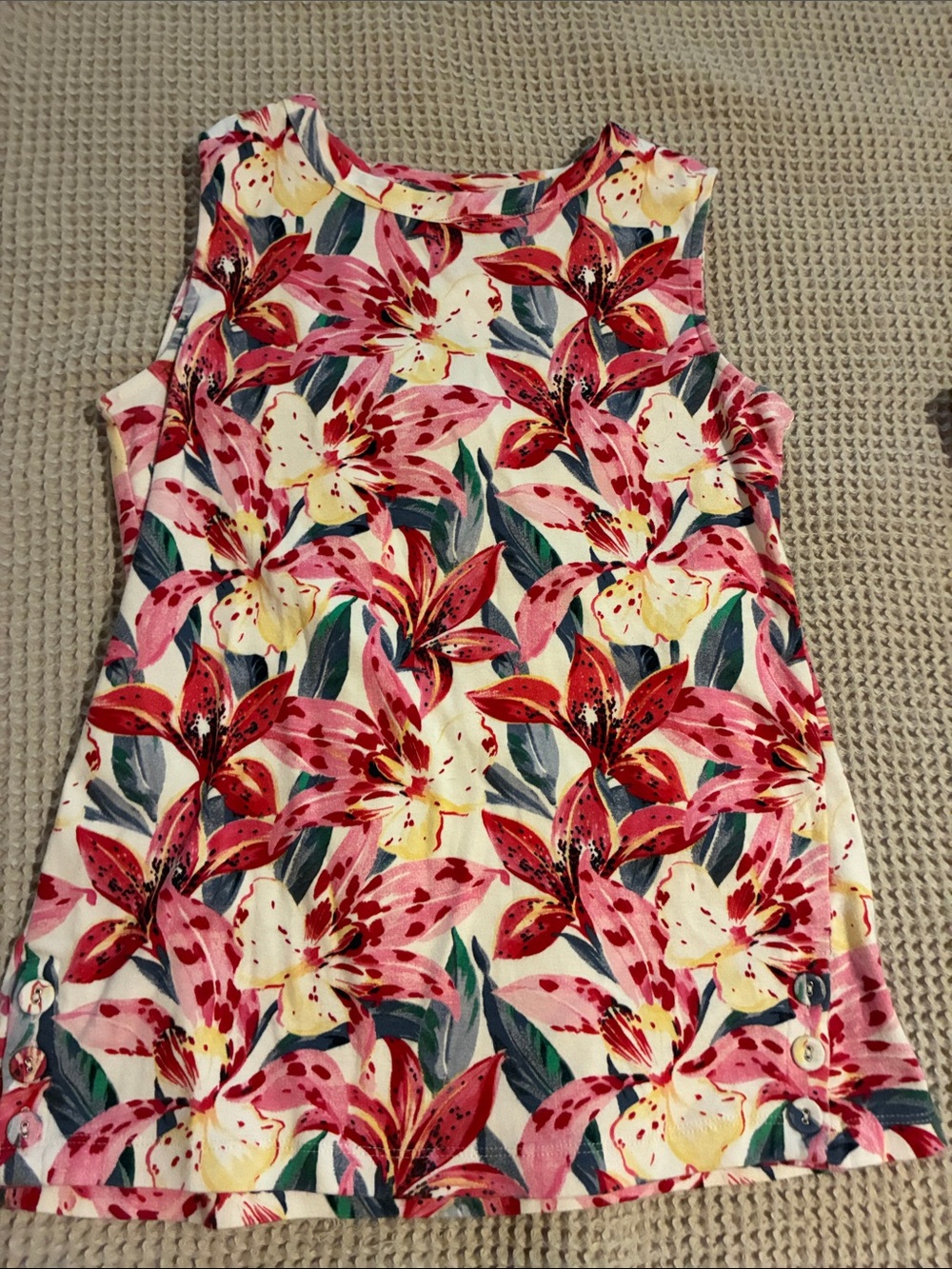 Chico's Floral Pink, Red & Cream Sleeveless Top, Cotton Knit, Small